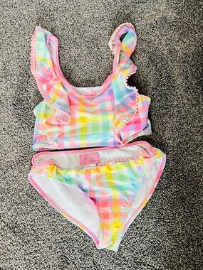 Revolution Pastel Rainbow Gingham Ruffle Two-Piece Swimsuit - Pink Trim